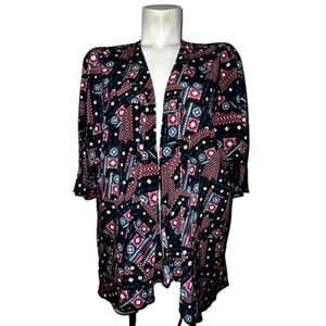 LuLaRoe Women Medium Kimono Cardigan Pink Blue Geometric Tribal Open Front Top